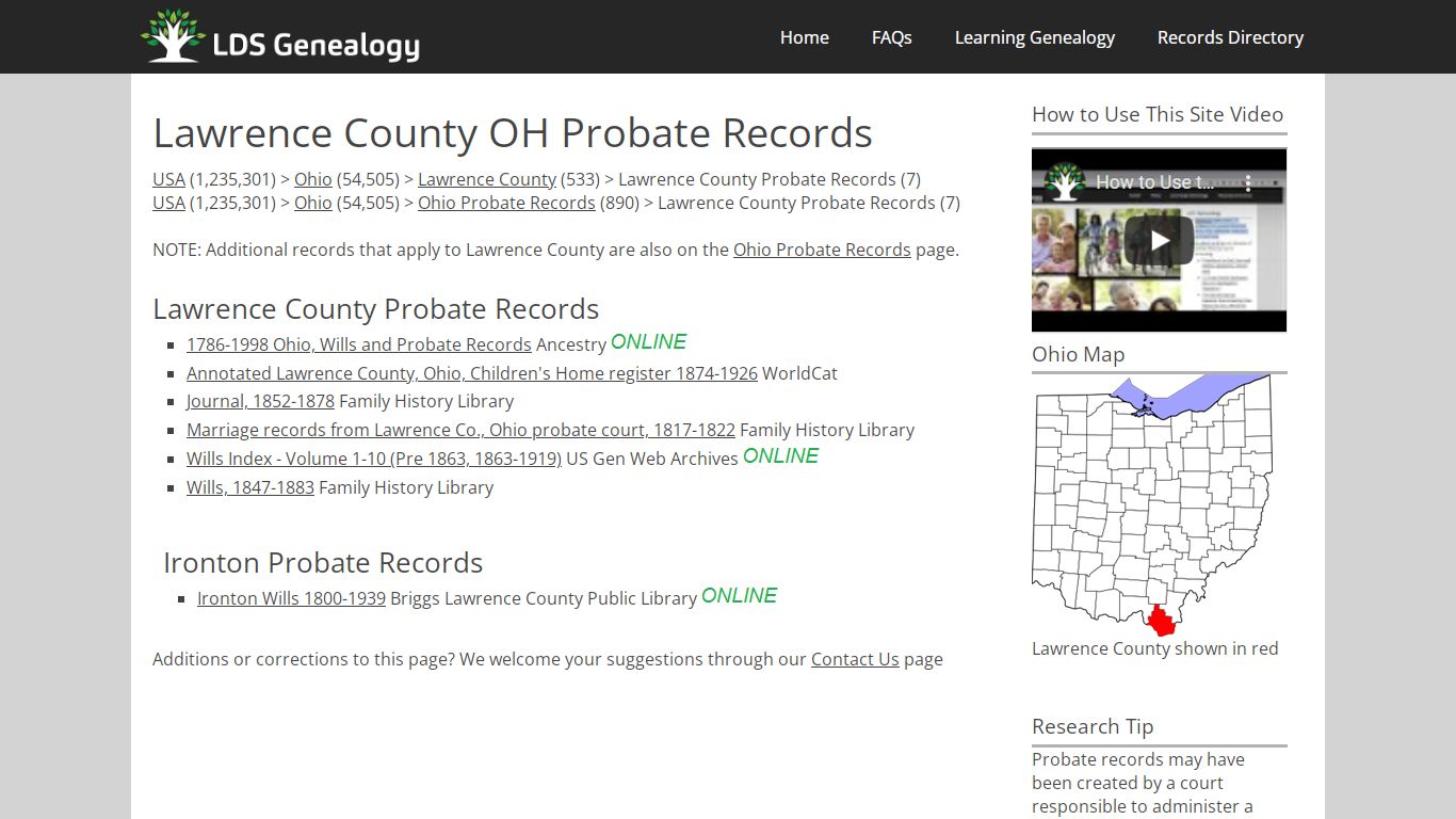 Lawrence County OH Probate Records - LDS Genealogy
